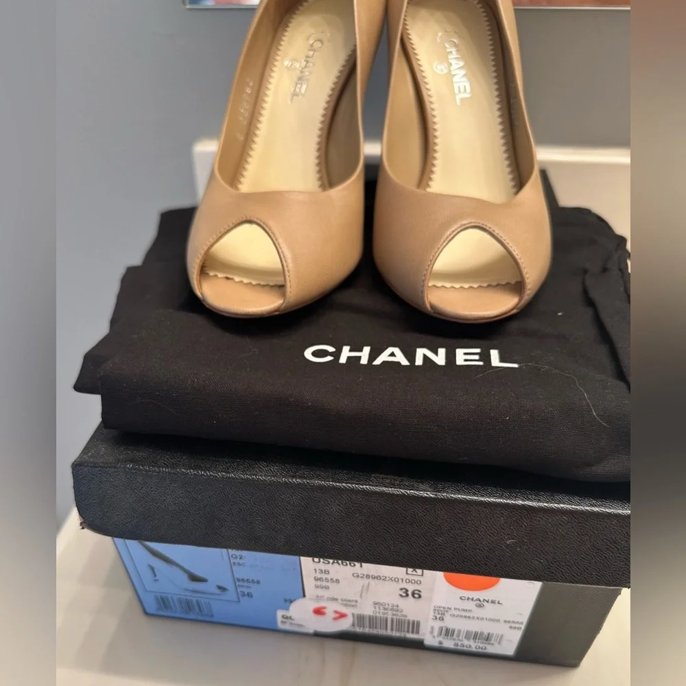 NIB Chanel Beige Leather Pearl Heel Peep Toe Pumps - Size 36
